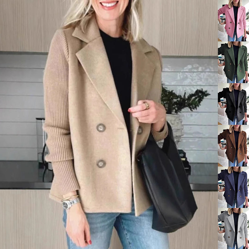 Women's Lapel Jacket Fashion Knitted Sleeves Splicing Design Coat Outerwear