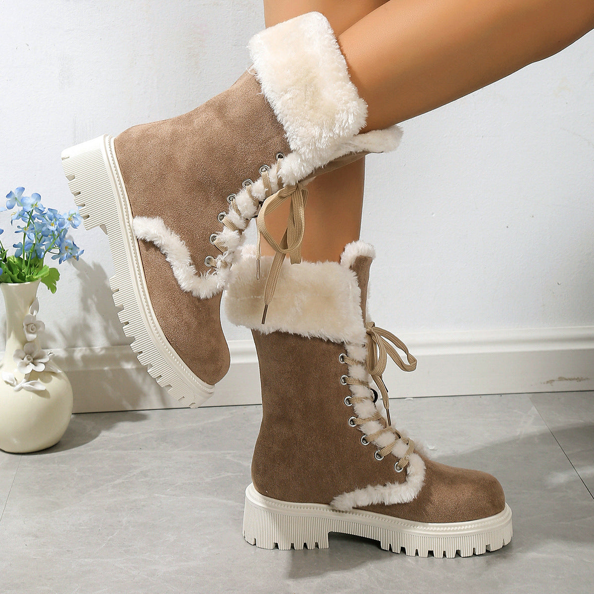 Chunky Heels Plush Lace-up Boots