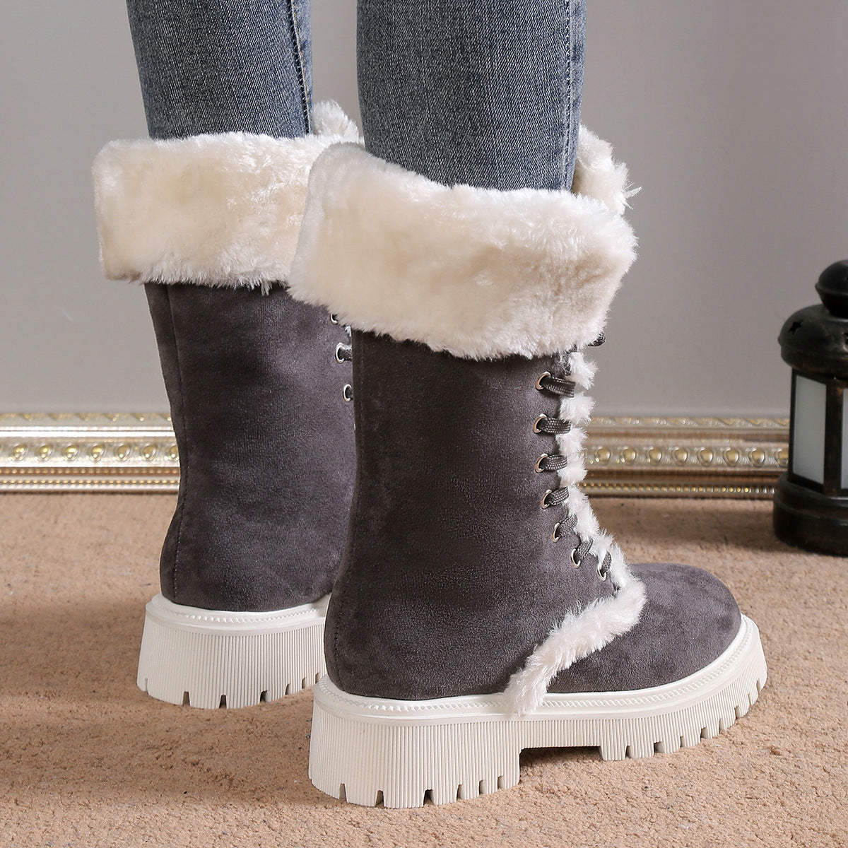 Chunky Heels Plush Lace-up Boots