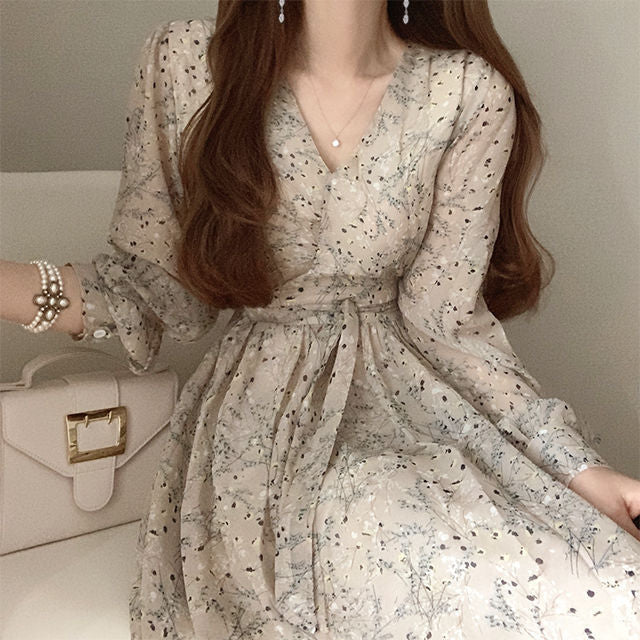 Floral lace up high waist V-Neck long sleeve dress