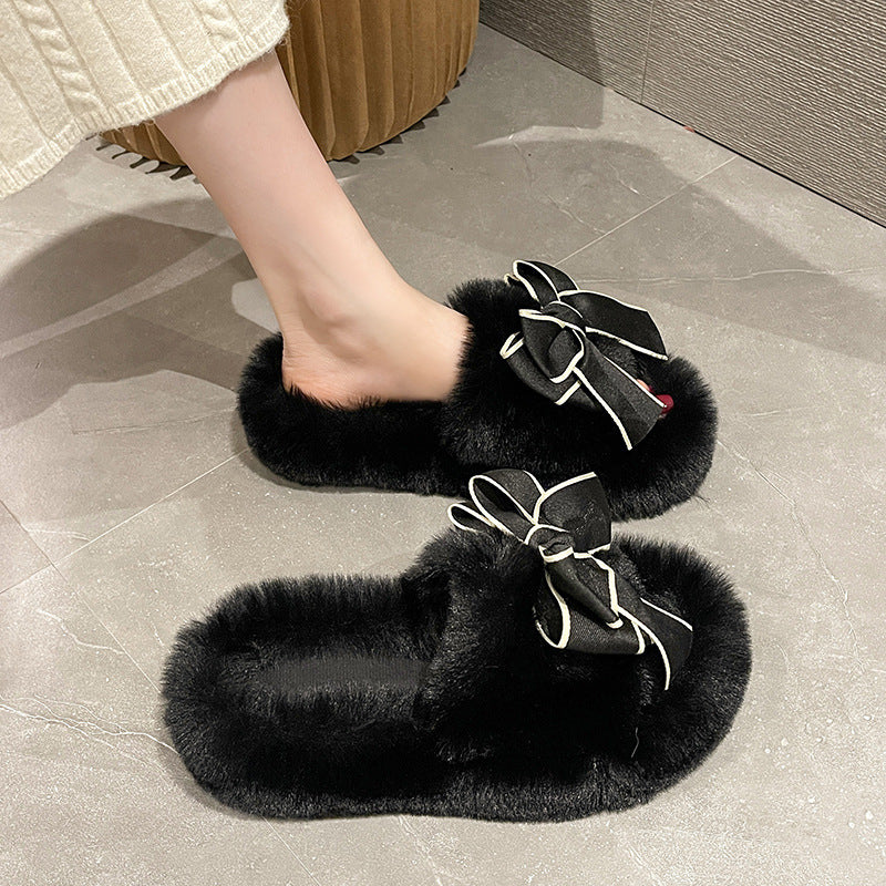 Cute Fashion Bowknot Plush Flat Slippers