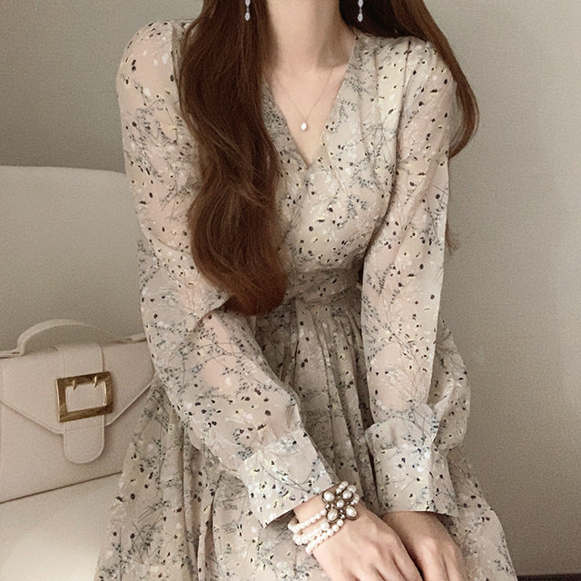 Floral lace up high waist V-Neck long sleeve dress