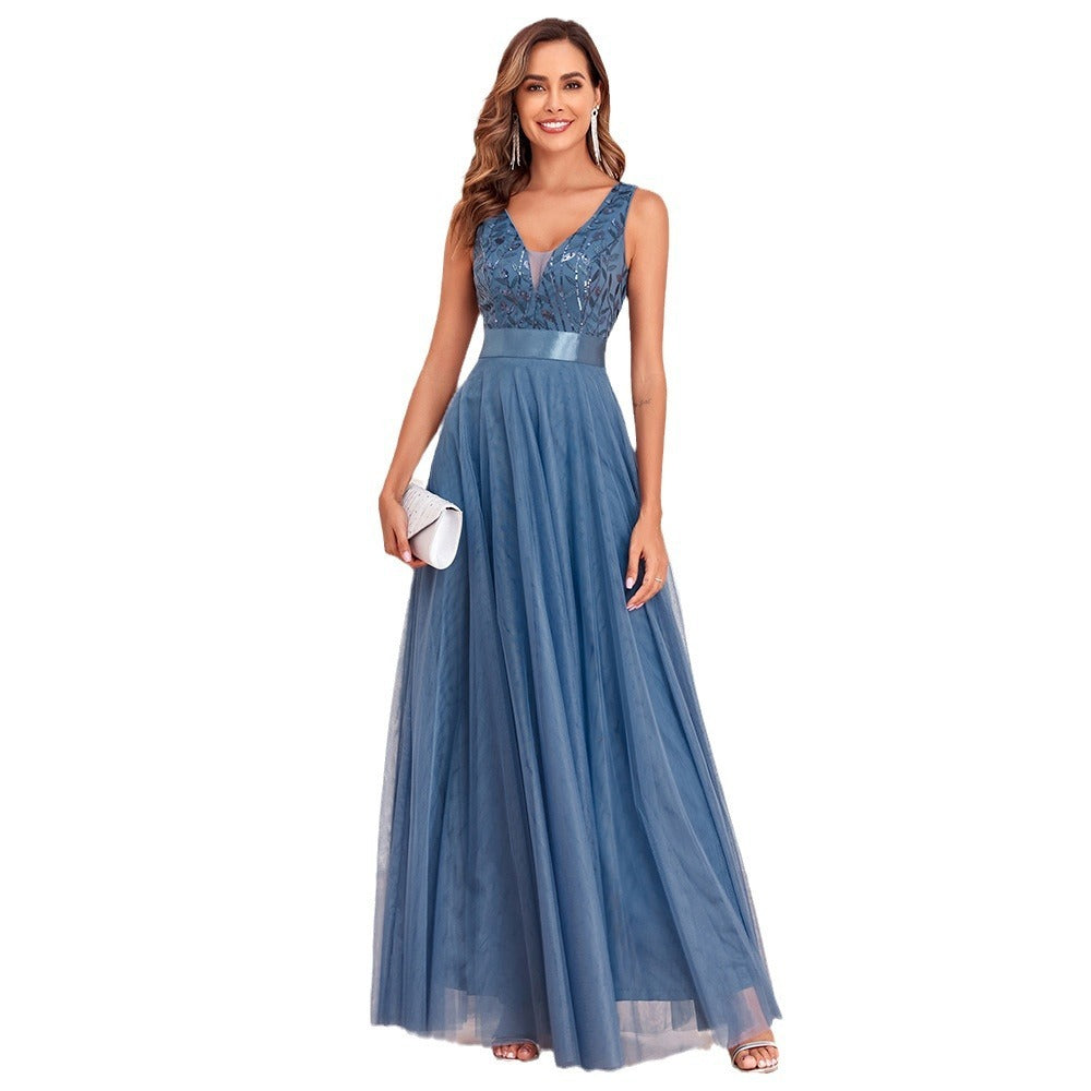 Sleeveless V-neck Evening Dress Stretch Waist