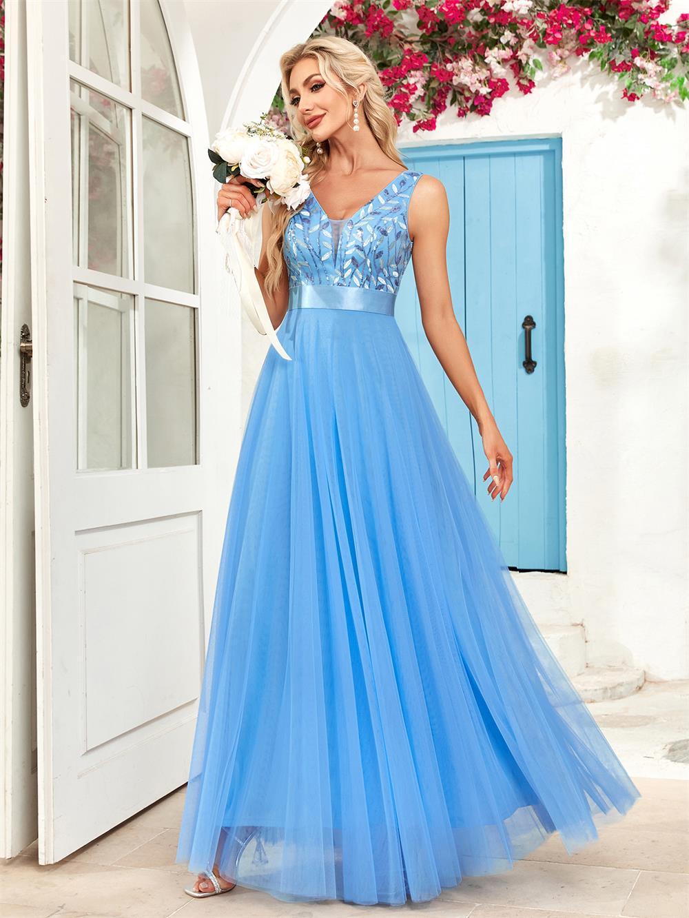 Sleeveless V-neck Evening Dress Stretch Waist