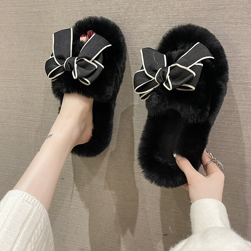 Cute Fashion Bowknot Plush Flat Slippers
