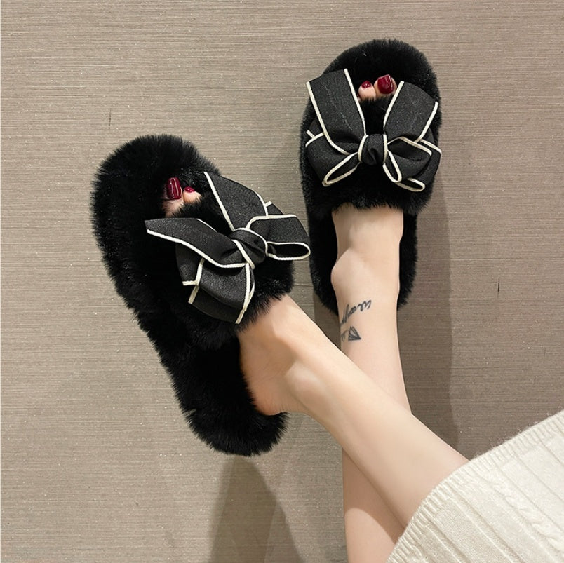 Cute Fashion Bowknot Plush Flat Slippers