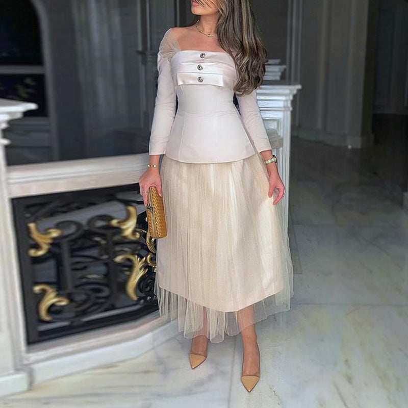 Diagonal Shoulder Lace Mesh Skirt Suit