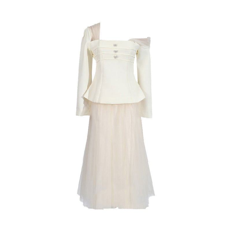 Diagonal Shoulder Lace Mesh Skirt Suit