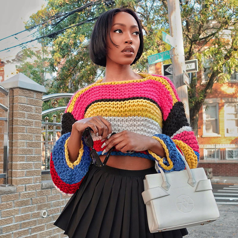 Rainbow Plaid Striped Long Sleeve Handmade Sweater