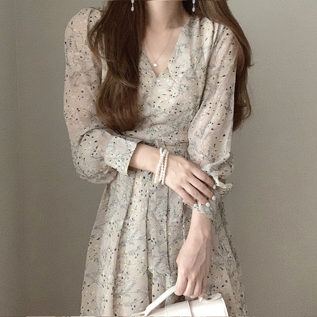 Floral lace up high waist V-Neck long sleeve dress