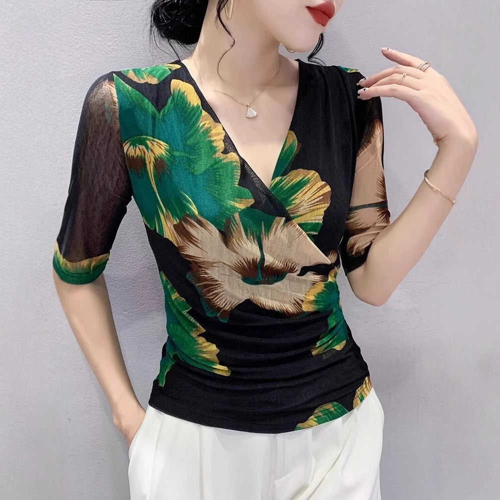 Printed V-neck Half Sleeve Top