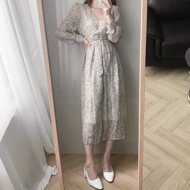Floral lace up high waist V-Neck long sleeve dress