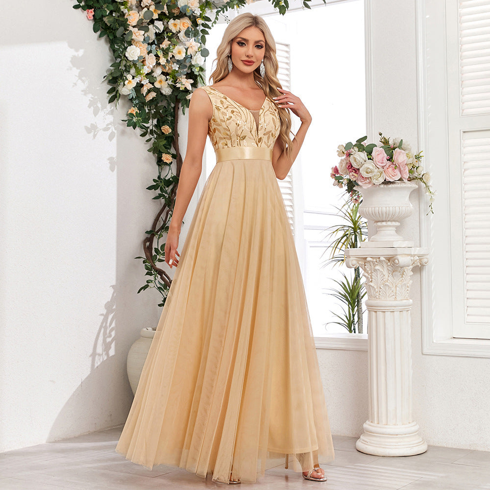 Sleeveless V-neck Evening Dress Stretch Waist