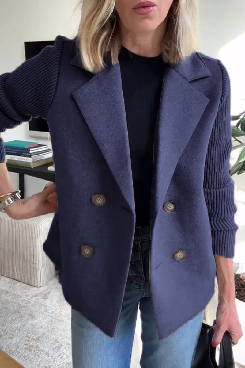Women's Lapel Jacket Fashion Knitted Sleeves Splicing Design Coat Outerwear