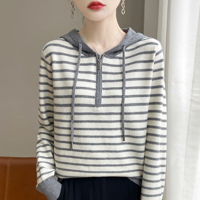 Striped Hooded Long-sleeved Knitted Sweater