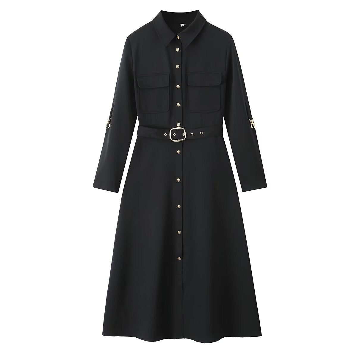 Belted Patch Pocket Lapel Long Sleeve A- Line Dress