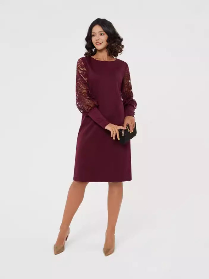 Round Neck Long Sleeve Lace Sleeve Slim Fit Dress