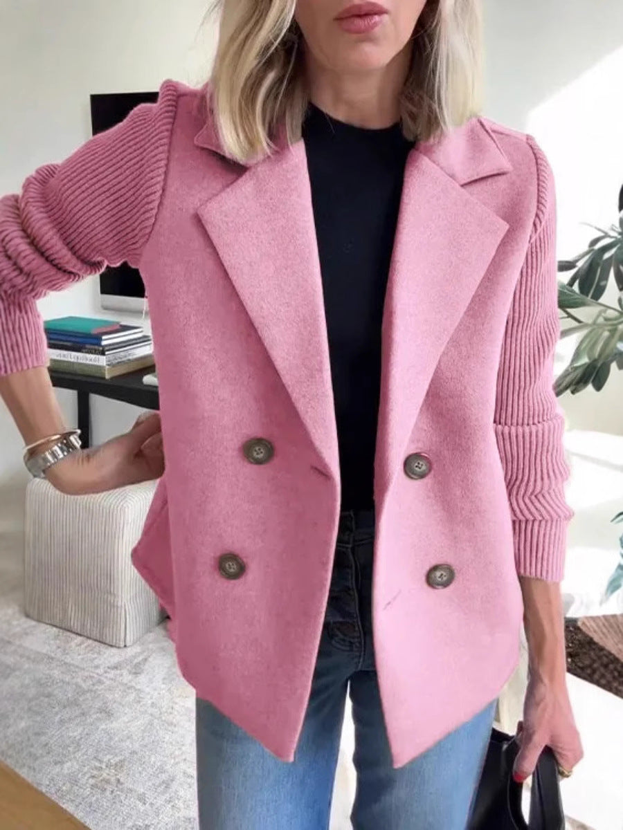 Women's Lapel Jacket Fashion Knitted Sleeves Splicing Design Coat Outerwear