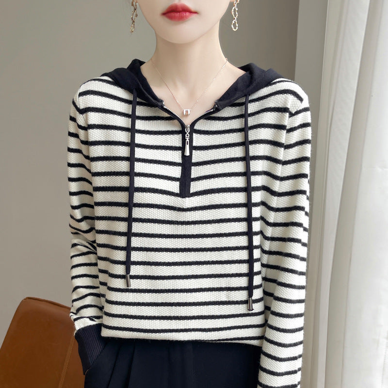 Striped Hooded Long-sleeved Knitted Sweater