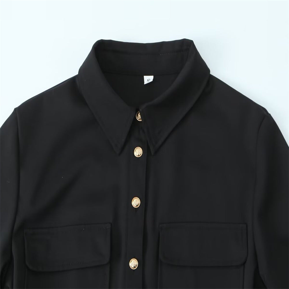 Belted Patch Pocket Lapel Long Sleeve A- Line Dress