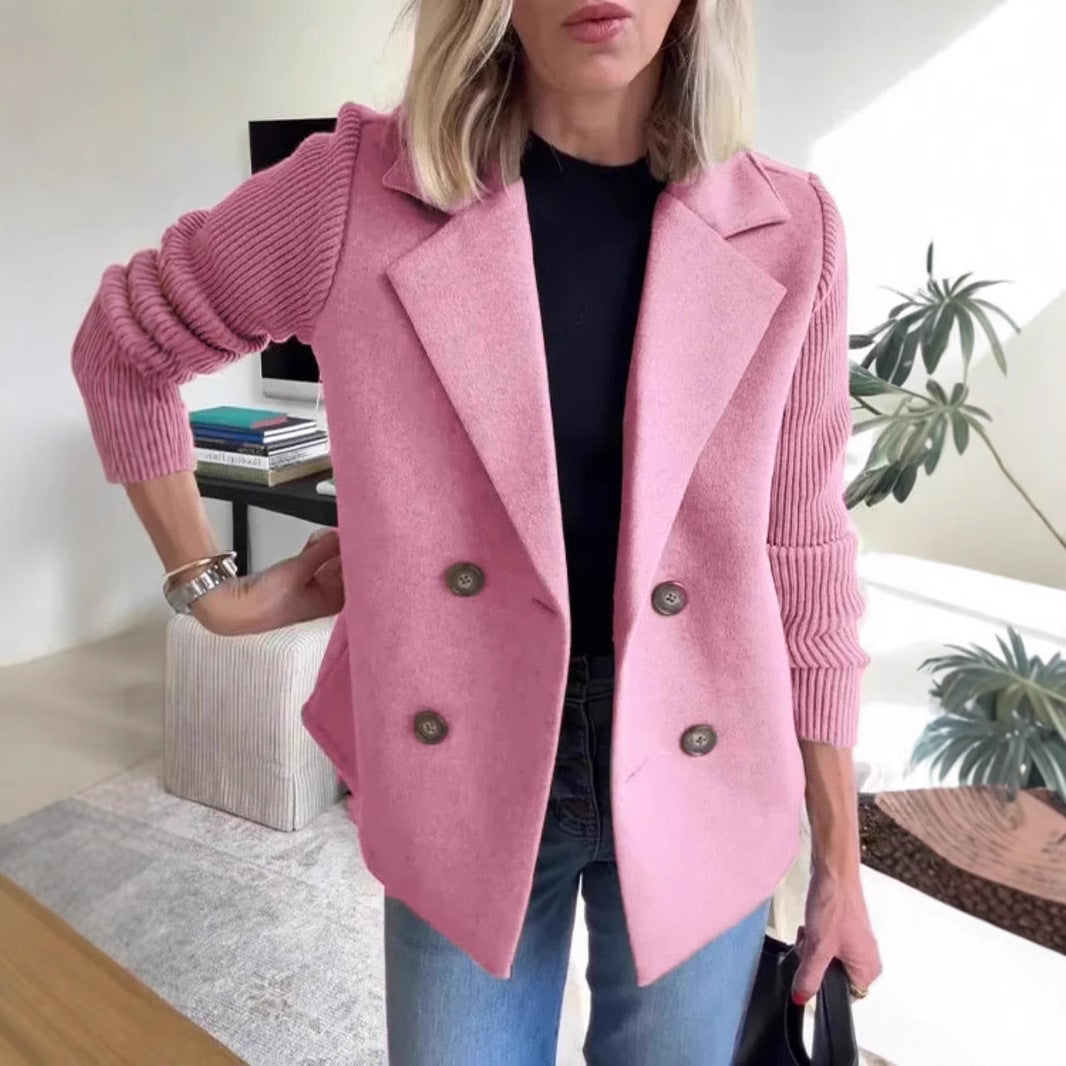 Women's Lapel Jacket Fashion Knitted Sleeves Splicing Design Coat Outerwear