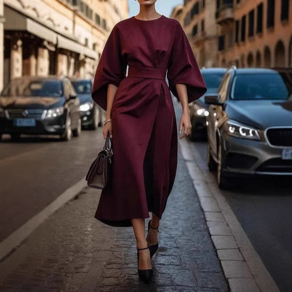 Fashion Waist-tighted Solid Color Elegant Dress