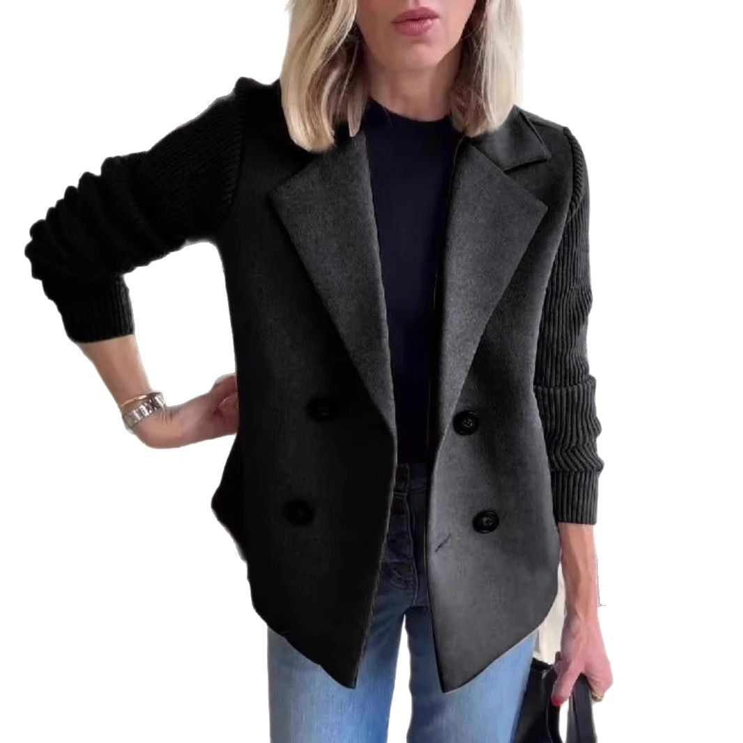Women's Lapel Jacket Fashion Knitted Sleeves Splicing Design Coat Outerwear