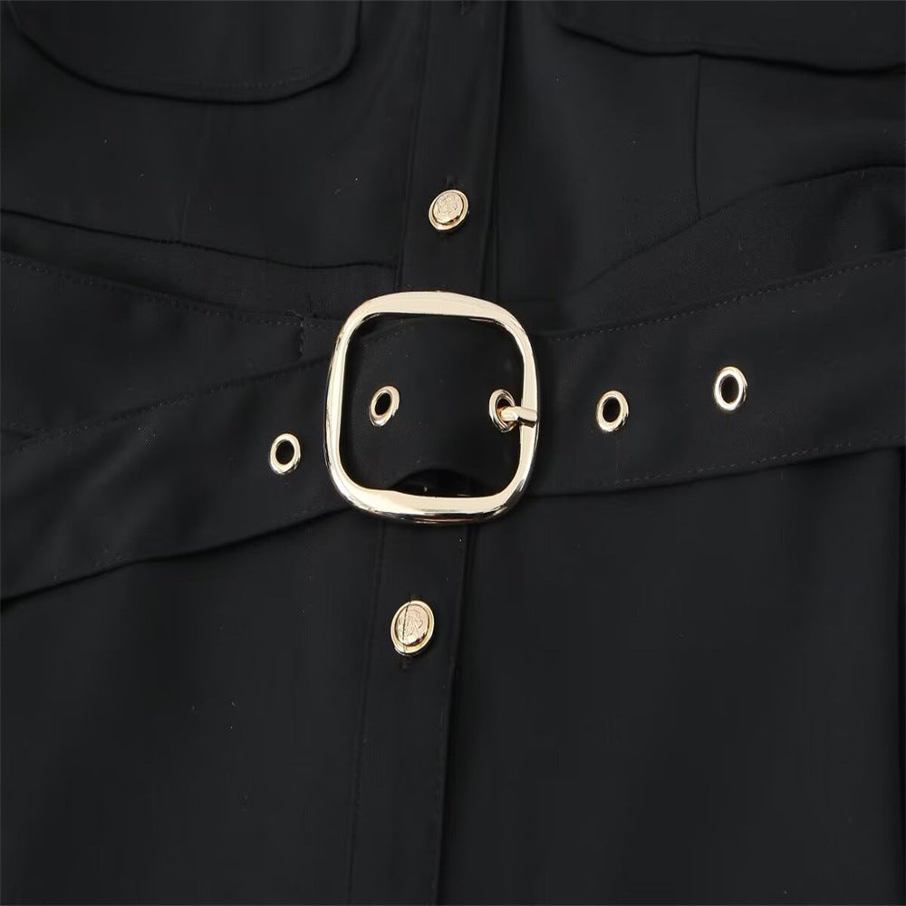Belted Patch Pocket Lapel Long Sleeve A- Line Dress