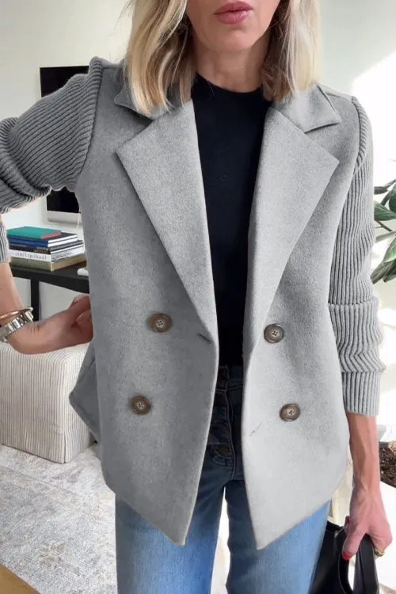 Women's Lapel Jacket Fashion Knitted Sleeves Splicing Design Coat Outerwear