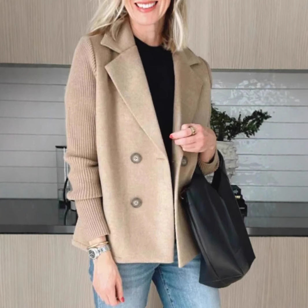 Women's Lapel Jacket Fashion Knitted Sleeves Splicing Design Coat Outerwear