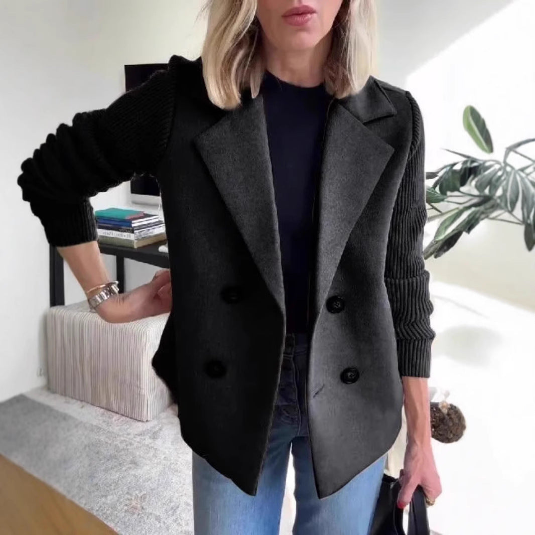 Women's Lapel Jacket Fashion Knitted Sleeves Splicing Design Coat Outerwear