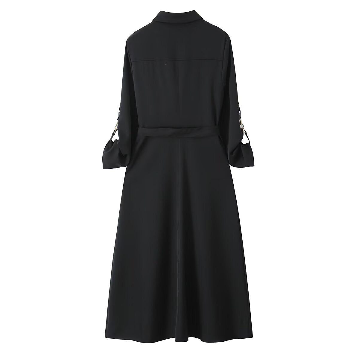 Belted Patch Pocket Lapel Long Sleeve A- Line Dress