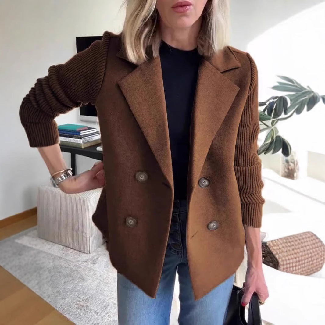 Women's Lapel Jacket Fashion Knitted Sleeves Splicing Design Coat Outerwear
