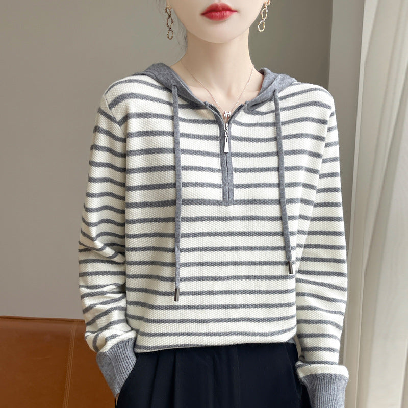 Striped Hooded Long-sleeved Knitted Sweater