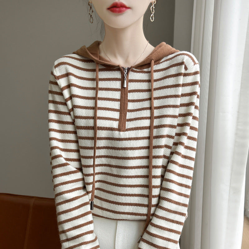 Striped Hooded Long-sleeved Knitted Sweater