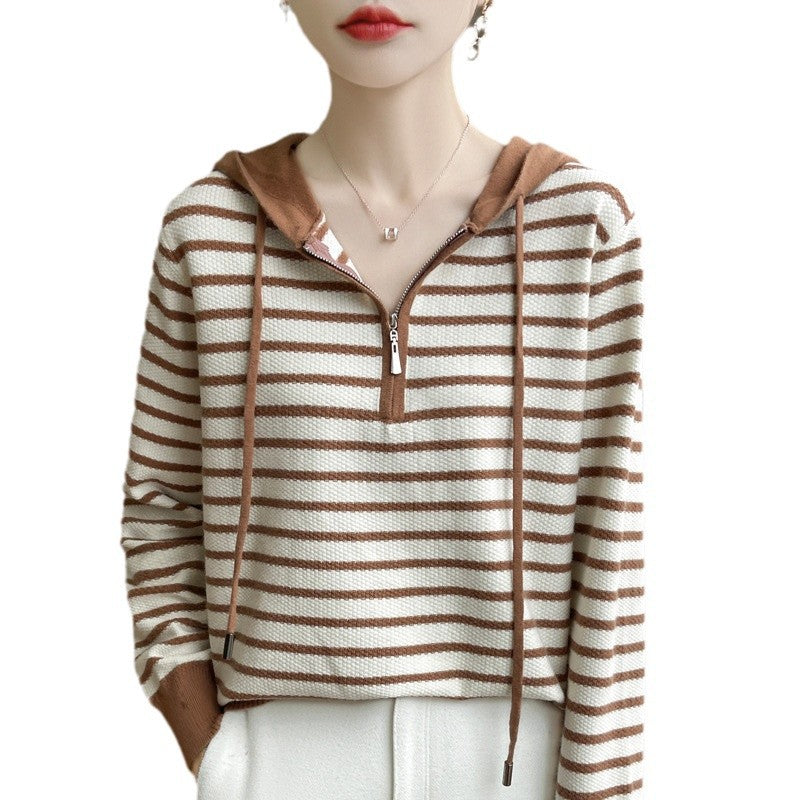 Striped Hooded Long-sleeved Knitted Sweater