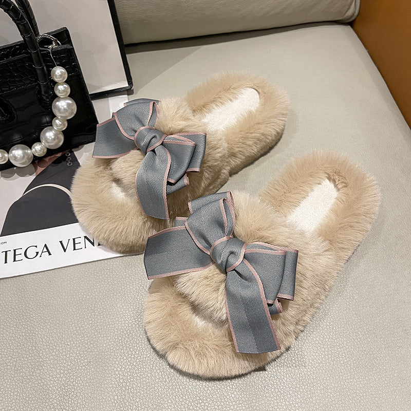 Cute Fashion Bowknot Plush Flat Slippers