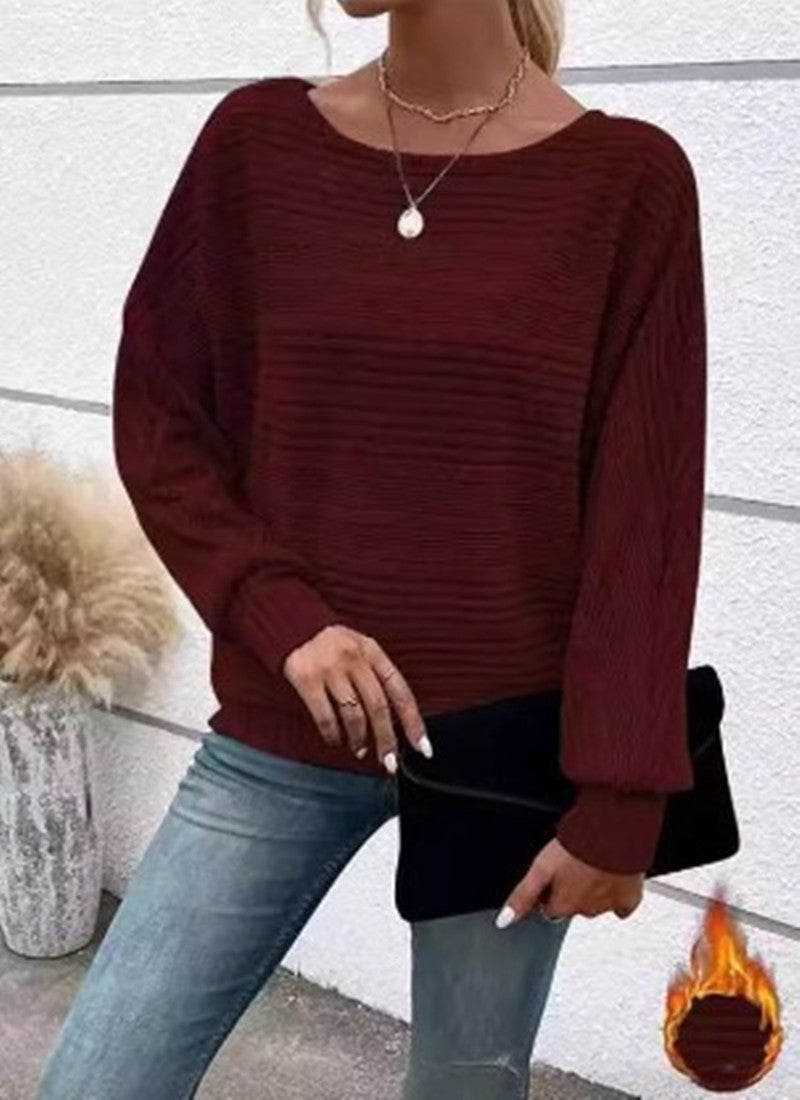 Casual Pullover Solid Striped Batwing Sleeves