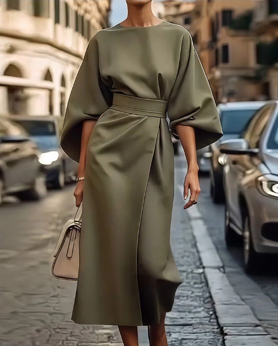 Fashion Waist-tighted Solid Color Elegant Dress