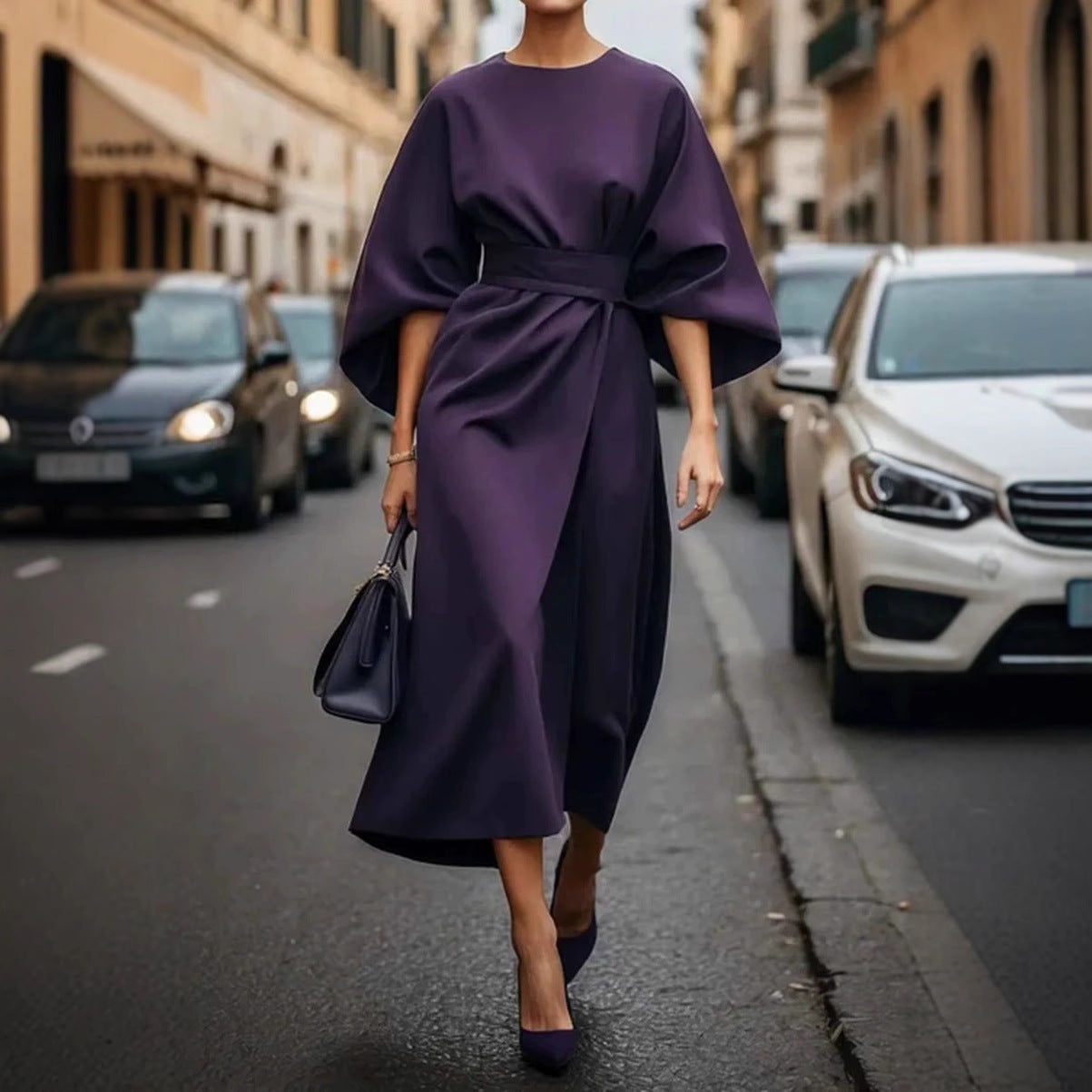 Fashion Waist-tighted Solid Color Elegant Dress
