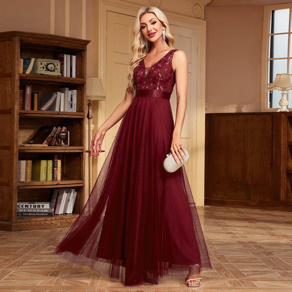 Sleeveless V-neck Evening Dress Stretch Waist