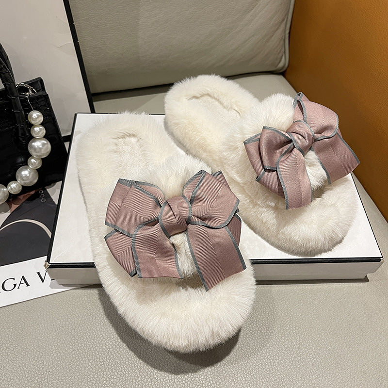 Cute Fashion Bowknot Plush Flat Slippers