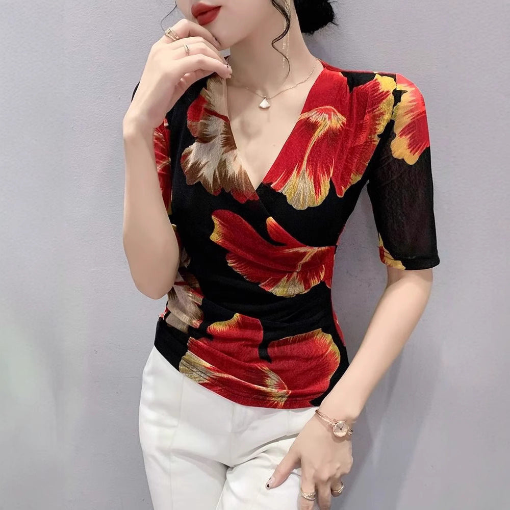 Printed V-neck Half Sleeve Top