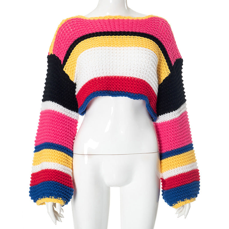 Rainbow Plaid Striped Long Sleeve Handmade Sweater