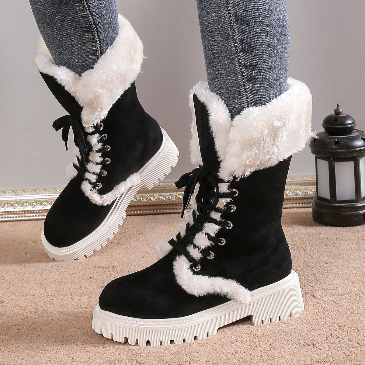 Chunky Heels Plush Lace-up Boots