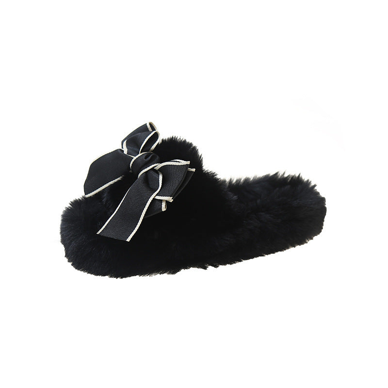 Cute Fashion Bowknot Plush Flat Slippers