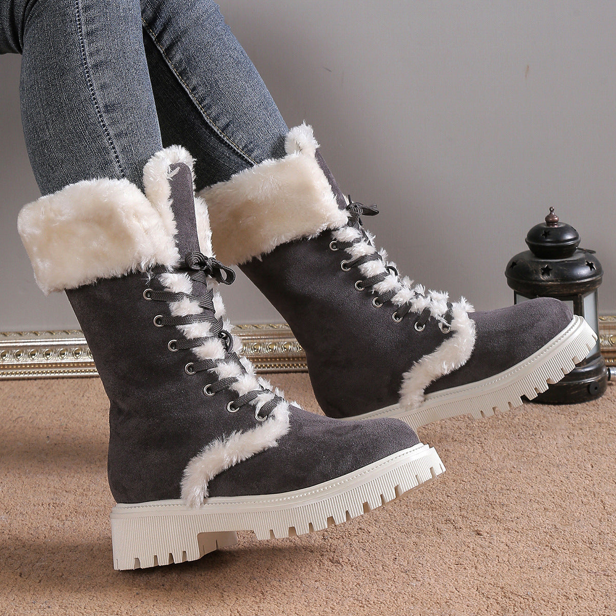 Chunky Heels Plush Lace-up Boots
