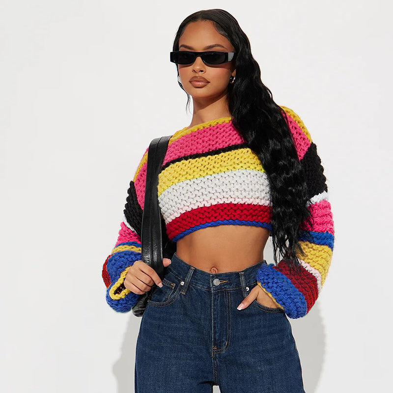 Rainbow Plaid Striped Long Sleeve Handmade Sweater