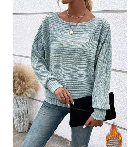 Casual Pullover Solid Striped Batwing Sleeves