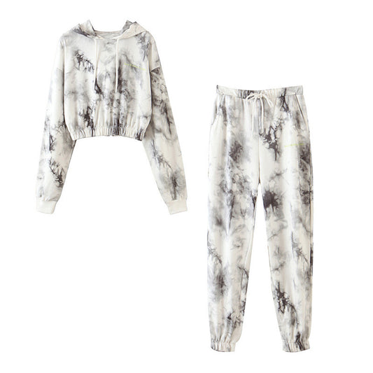 Tie-dye hooded loose sweatshirt set